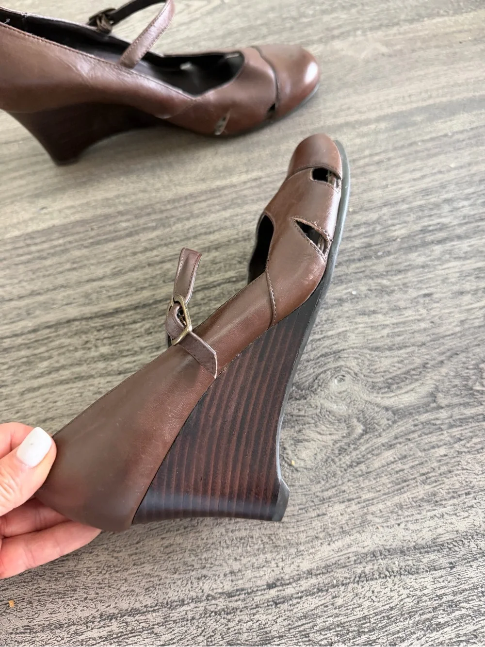 Bass Brown Leather Mary Jane Wedge Heels